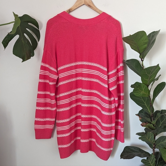 Lane Bryant | Open Front Pink + White Cardigan - Picture 5 of 7